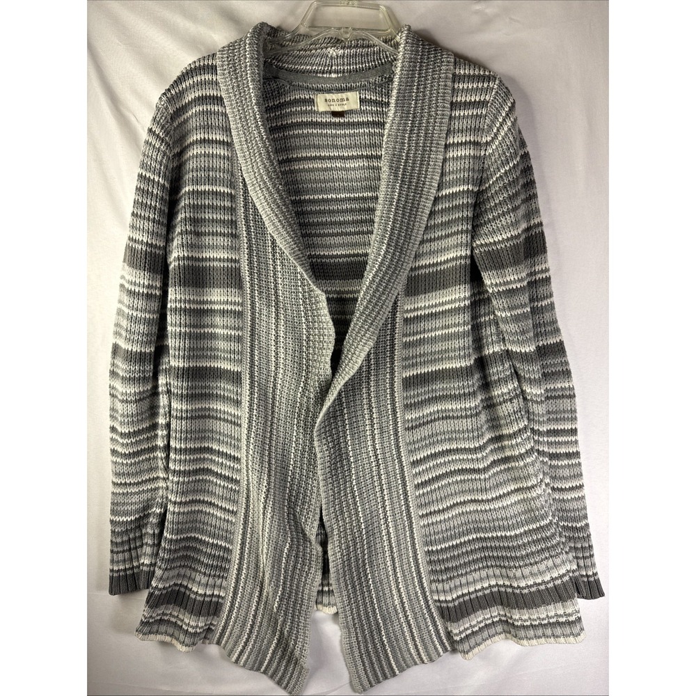 Sonoma Open Front Cardigan Women's Size S Gray StripeShawl Collar Cozy Lagenlook
